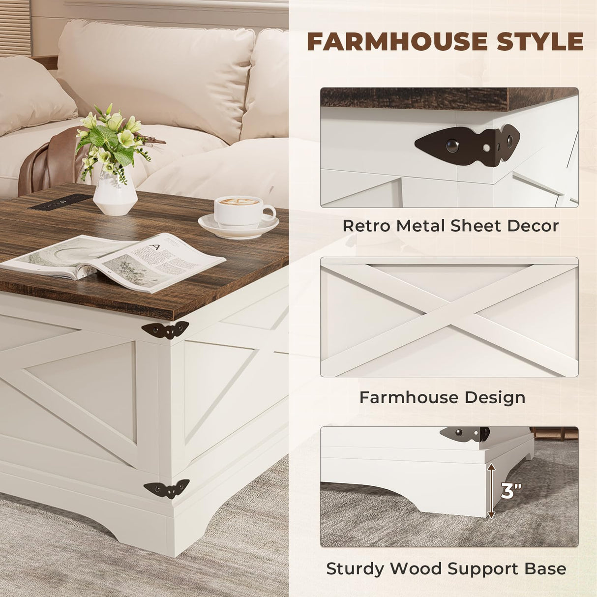 BROTTAR Lift Top Coffee Table with Storage, Square Coffee Table for Living Room with Wireless Charging, Farmhouse Coffee Table with Large Hidden Storage, White, 31.5" BROTTAR