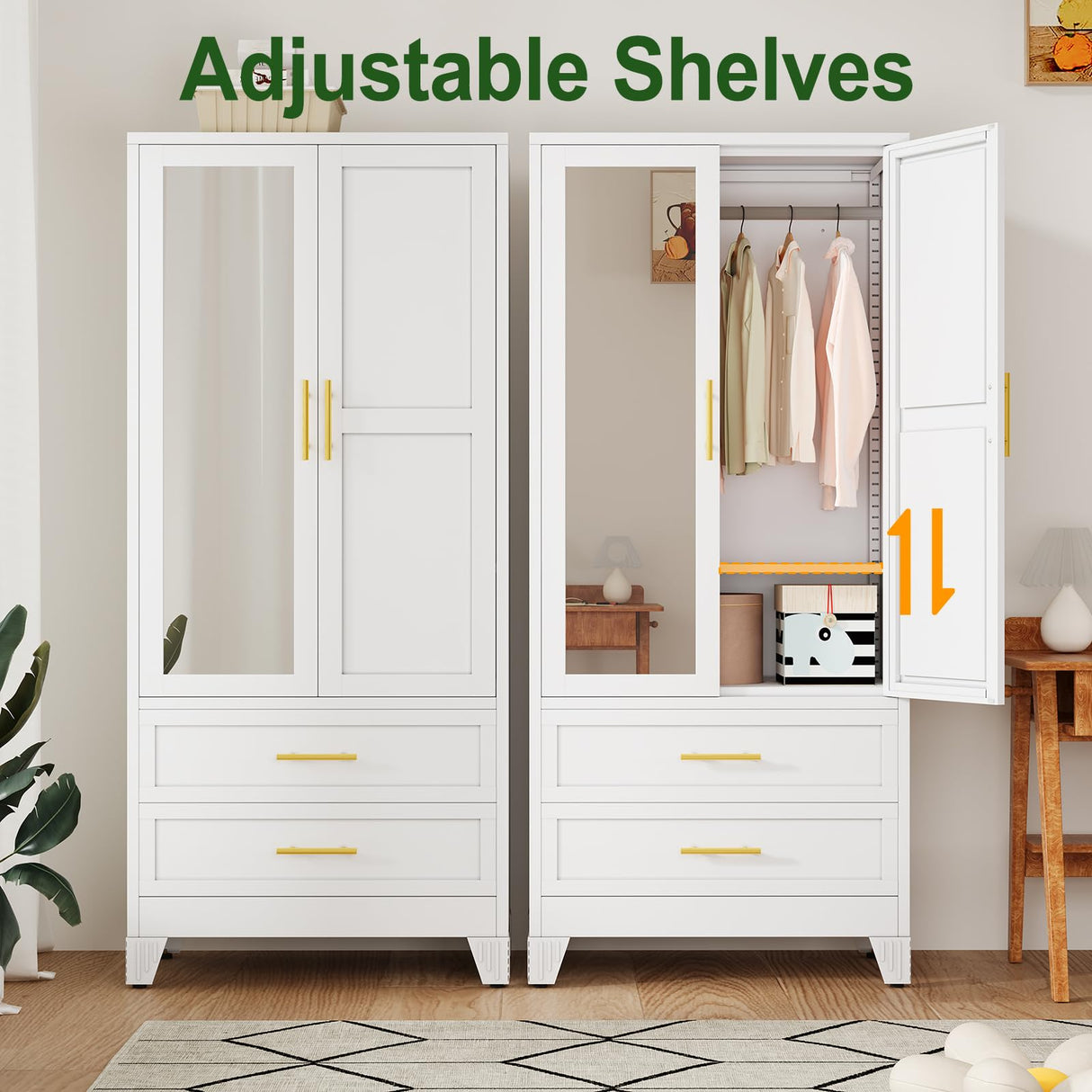 winiowa Metal Armoire Wardrobe Closet with 2 Drawers, 71" Wardrobe Cabinet with Adjustable Shelves and Hanging Rod, Clothing Storage Cabinet Closet with Mirror for Bedroom-White winiowa