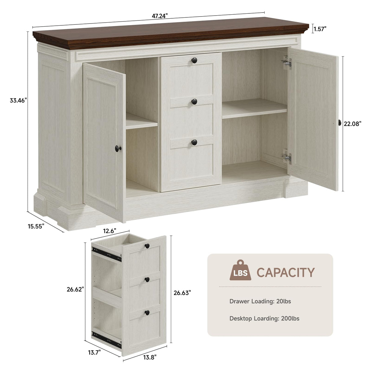 48 Inches Buffet Cabinet with Storage, 34" Tall Farmhouse Sideboard Buffet with 3 Drawers and 2 Doors, Wood Coffee Bar Cabinet with Adjustable Shelves, Credenza for Kitchen, Living Room, Antique White ONBRILL