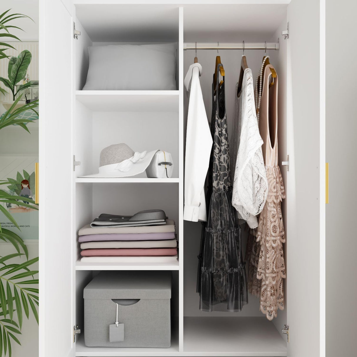 FAMAPY Armoire Wardrobe with Mirror & 2 Drawers, 2-Door Wardrobe with Shelves & Hanging Rod, Gold Metal Handles, for Cloakroom Bedroom White (31.5”W x 18.9”D x 72”H) FAMAPY