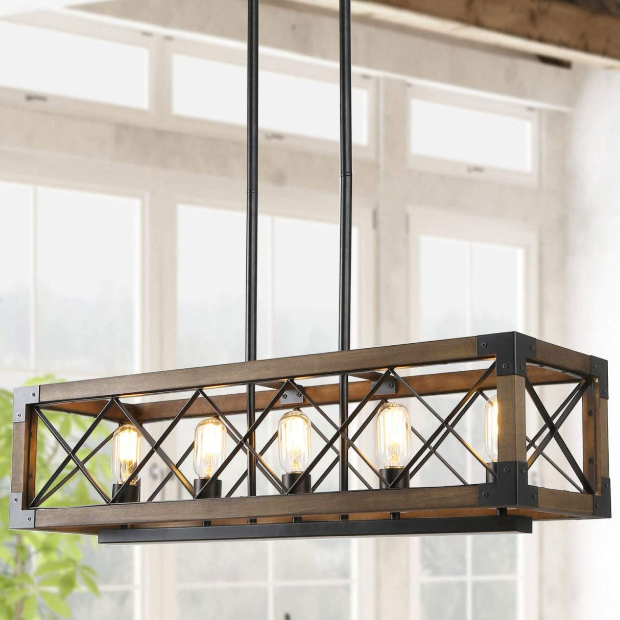 Farmhouse Chandelier for Dining Room, 5-Light Rectangular Chandelier, Wood Kitchen Island Lighting, 31.5'' L RUZINIU