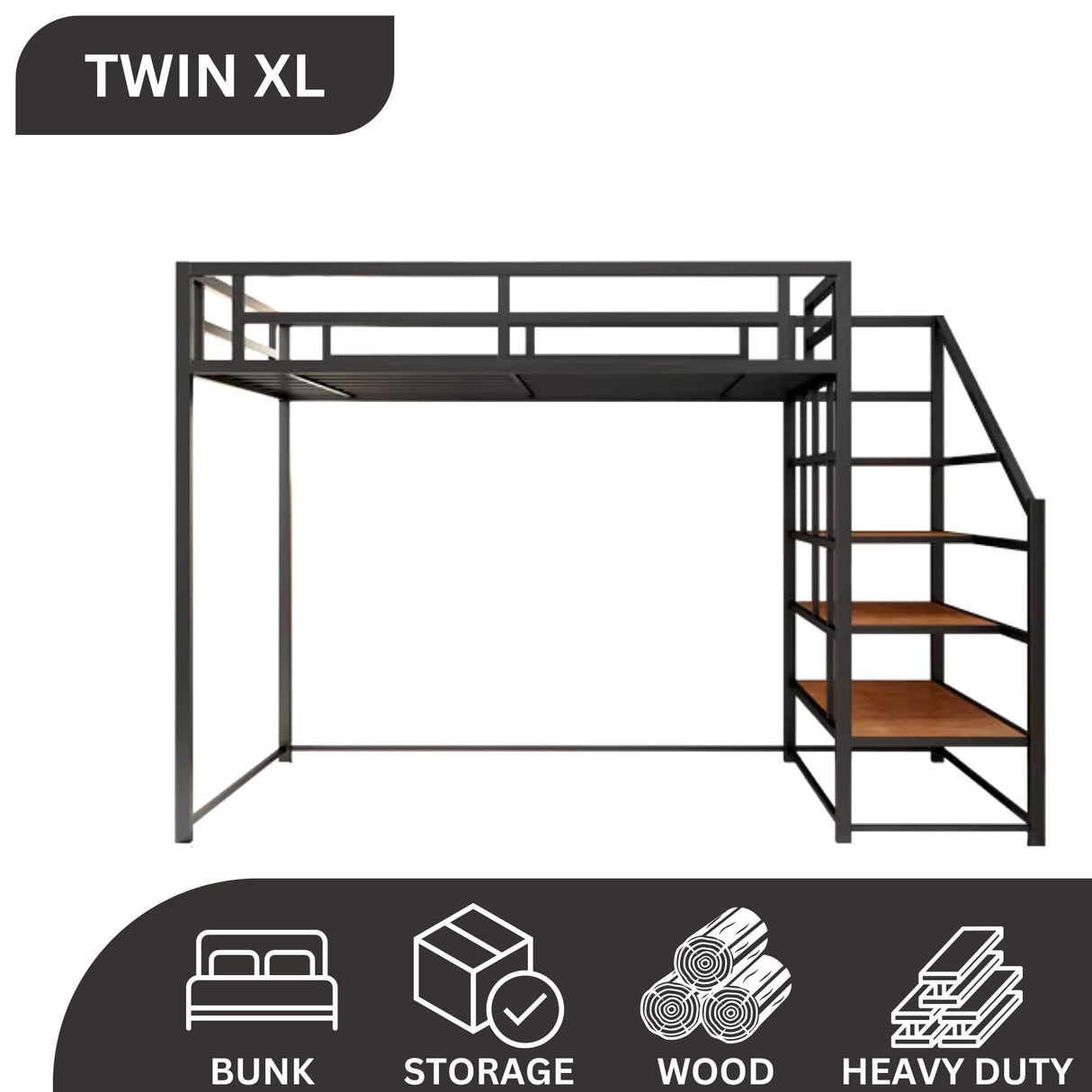 Dreame. Modern LoftPro Twin XL Metal Loft Bed Frame with Storage Shelves & Stairs, Space-Saving Design, Black Finish Dreame.
