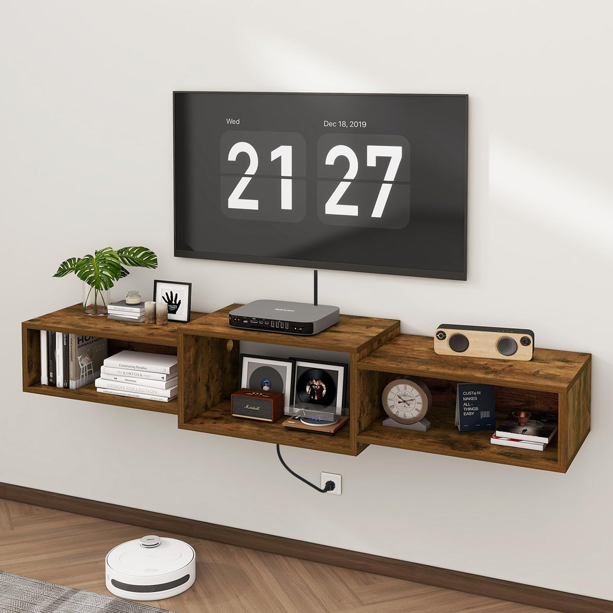 IBUYKE Floating TV Stand Wall Mounted with Power Outlet,Wood Wall Mounted Media Console Shelf,Floating Entertainment Center for Under TV Storage for Living Room Bedroom Office,Rustic Brown WST001H IBUYKE