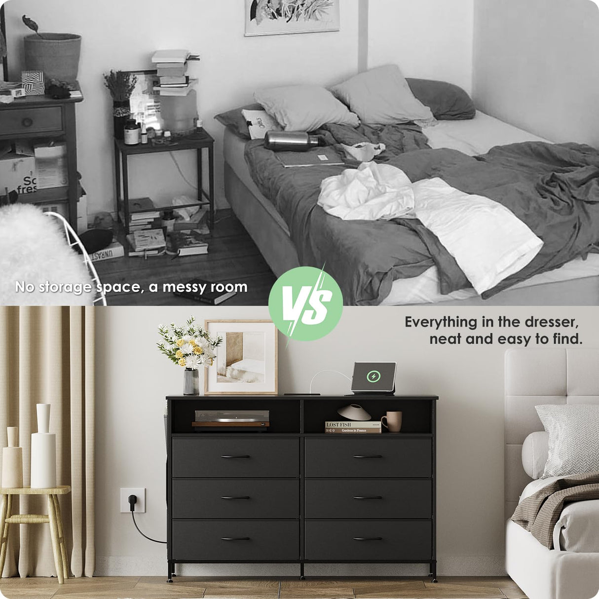 OtterOasis Dresser for Bedroom with LED Lights and Charging Station, Fabric Black Bedroom Dresser 6 Long Drawers Dressers, Tall Wide Chest of Drawers TV Stand OtterOasis