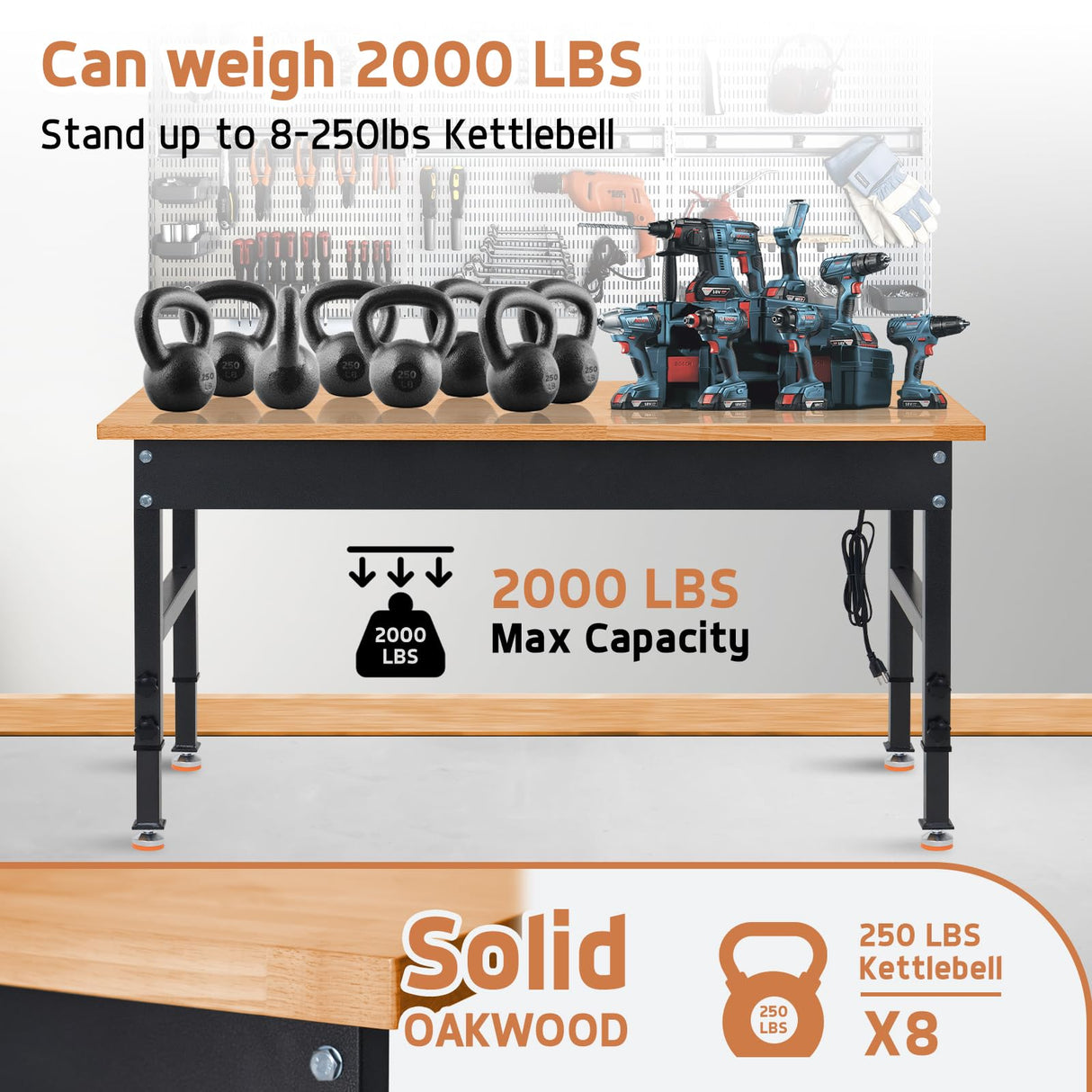 DAKITO 48" Heavy-Duty Workbench Adjustable Work Bench Work Table 2000 LB Load Capacity w/Hardwood Top, Power Outlets, Foot Pads and Metal Frame for Garage, Workshop, Office, Home, Workstation DAKITO