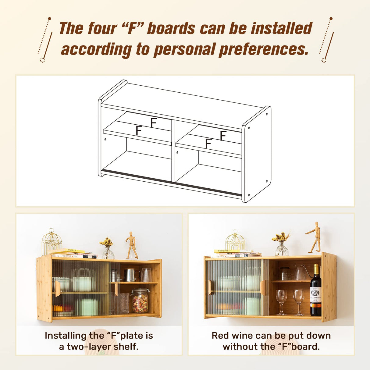 HollyHOME Burlywood Bamboo Wall-Mounted Kitchen Pantry with Sliding Glass Doors and Ample Storage HollyHOME