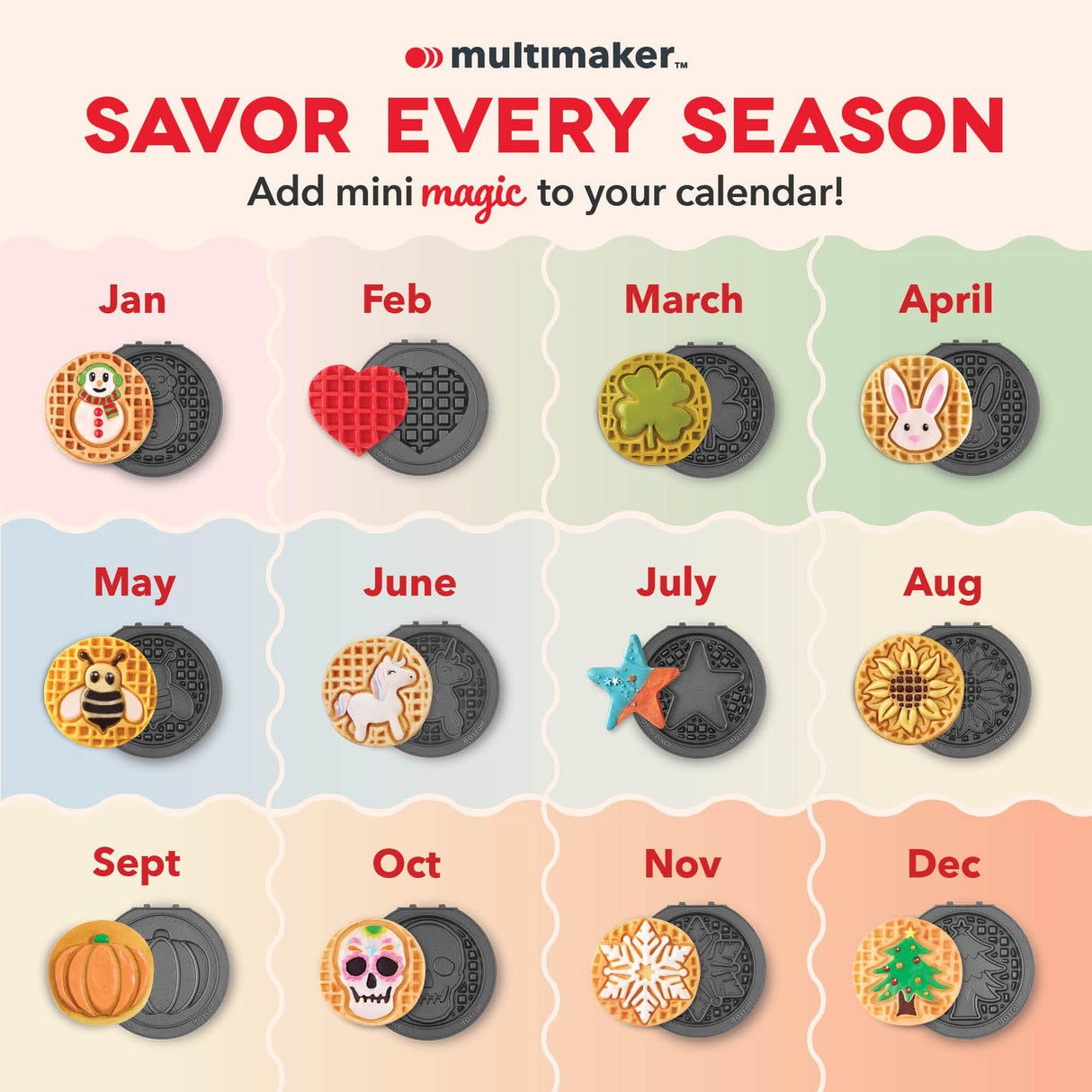 DASH Holiday Multimaker Mini System - Waffle Maker with Six 4” Removable Holiday Plates: Waffle Iron & Griddle, 4-in-1 Mini Waffle Maker for Kids and Families – Nonstick Surface, Santa Waffle (Red) DASH