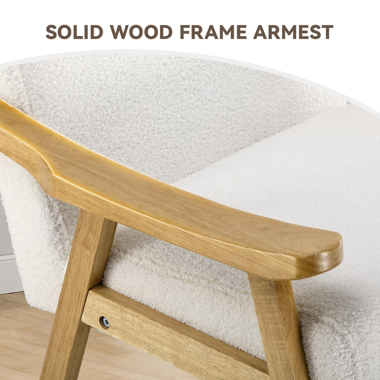 COMHOMA Mid Century Accent Chair, Modern Upholstered Living Room Chairs with Solid Wood Armrest, Comfy Reading Armchair for Bedroom, Sunroom, Balcony (Curved Armrests, White) COMHOMA