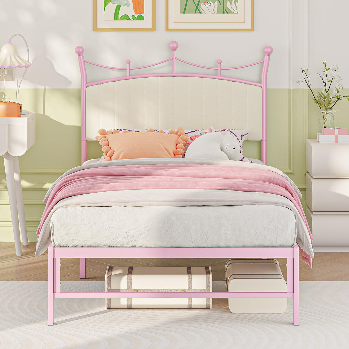 Weehom Twin Upholstered Bed Frame with Headboard, Velvet Bed Frame Metal Platform No Box Spring Needed Easy Assembly Twin Bed for Kids Adults Pink Weehom