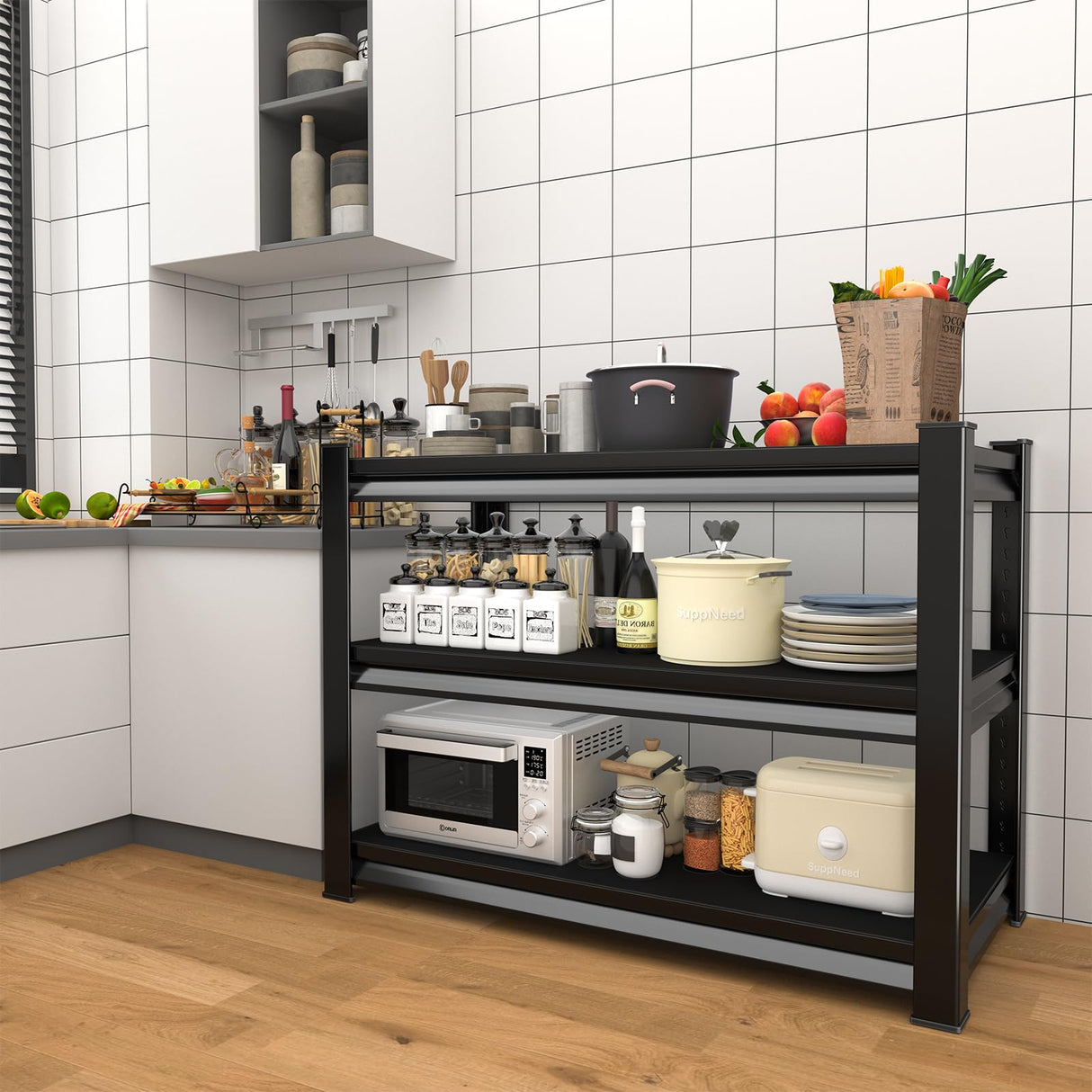 SUPPNEED Adjustable Garage Shelving Heavy Duty 1500LBS Loads, 48”W Large Shelving Units and Storage,48”W×16”D×36”W Garage Storage Shelves,3-Tier Metal Shelves for Warehouses,Kitchen(Black) SUPPNEED