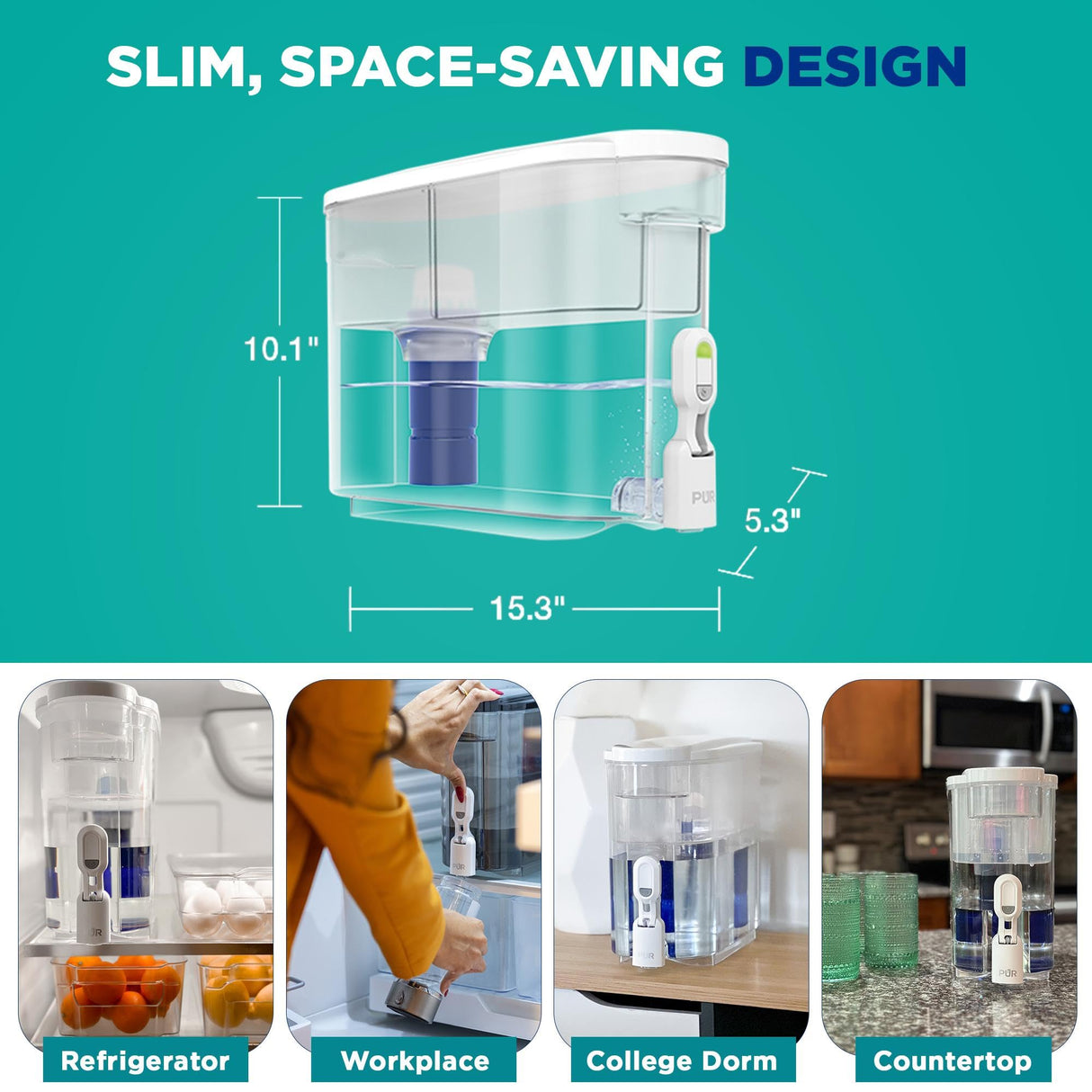 PUR PLUS 30-Cup Water Filter Dispenser with 1 Lead-Reducing PUR PLUS Filter, Dishwasher Safe, Powerful Filtration, Large Capacity with Slim, Space-Saving Design, White (DS1811Z) PUR