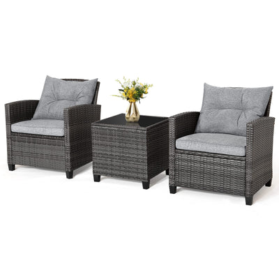 RELAX4LIFE Wicker Patio Furniture Sets - 3 Pieces Rattan Sofa Set, Outdoor Conversation Set with Tempered Glass Tabletop, Heavy-Duty Steel Frame, Wicker Chair Set for Poolside, Backyard, Grey