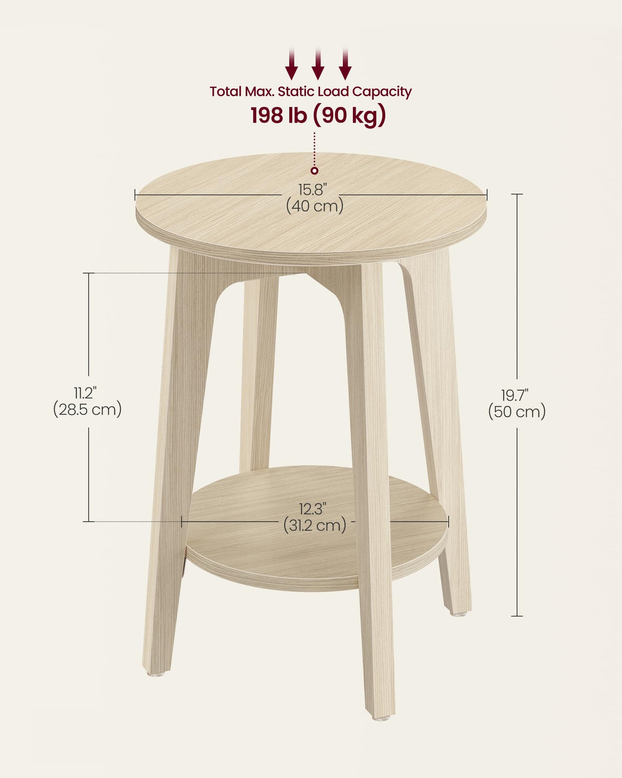 VASAGLE Side Table, Small Round End Table with Lower Shelf, Nightstand for Small Spaces, Living Room, Bedroom, Natural Beige ULET283N01 VASAGLE