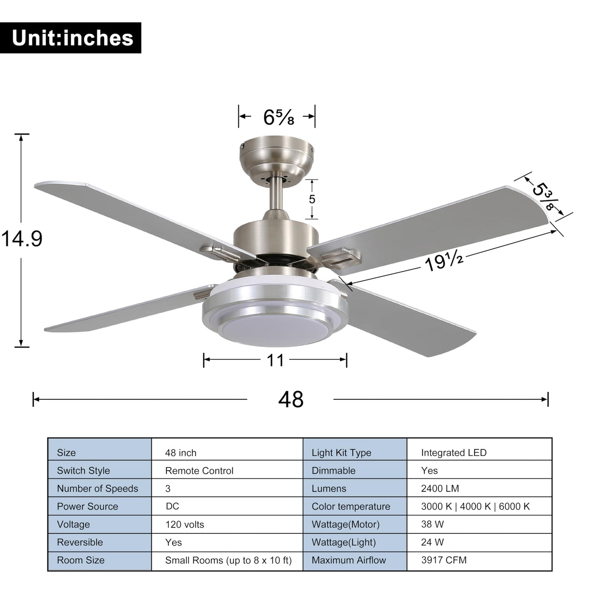 FINXIN Indoor Ceiling Fan Light Fixtures Remote LED 48 Brushed Nickel Ceiling Fans for Bedroom,Living Room,Dining Room Including Motor,Remote Switch (48" 4-Blades) FINXIN