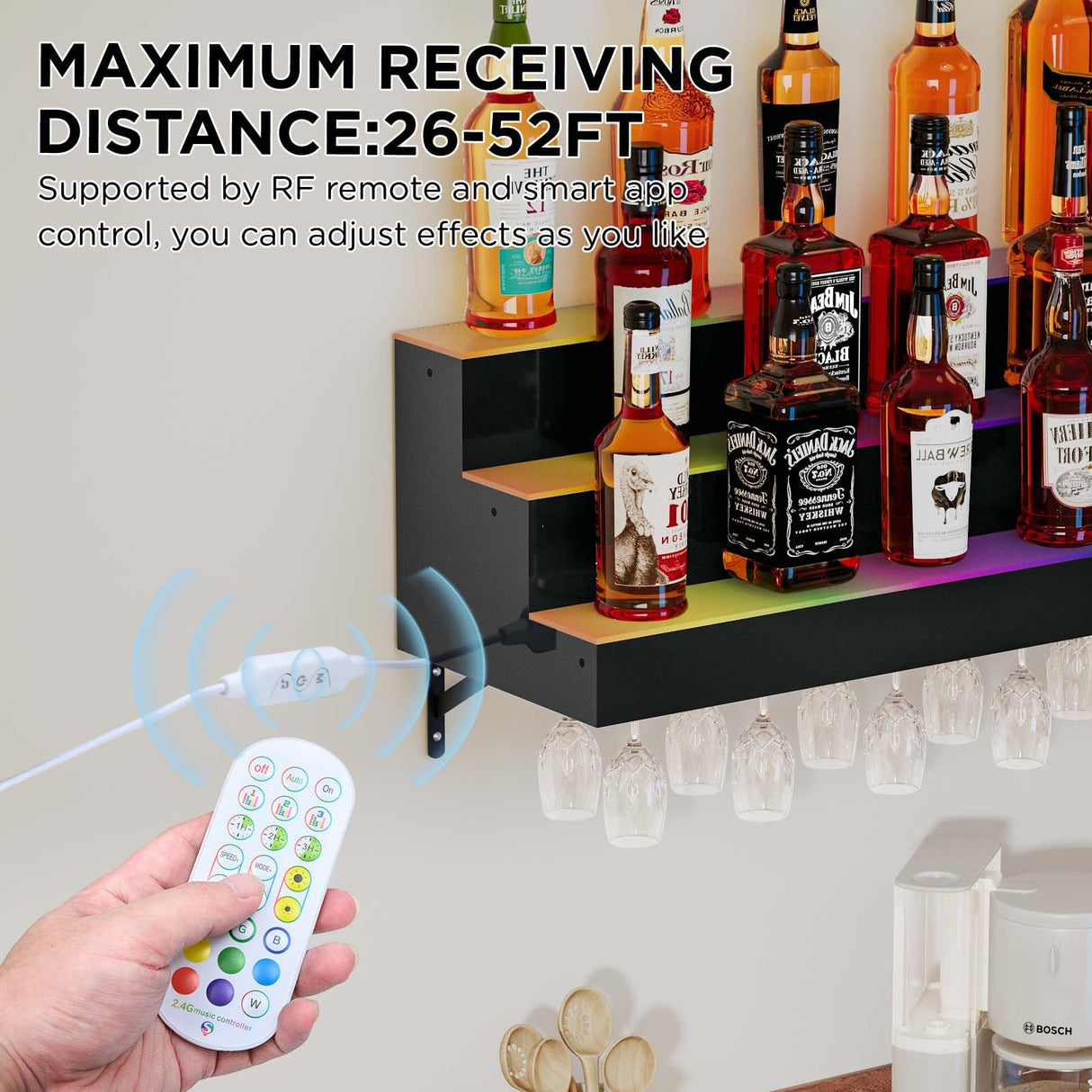 Dethan 2 Tier 32 Inch LED Lighted Liquor Bottle Display Shelf - Wall-Mounted Wine Rack with Multi-Color App & Remote Control, Adjustable Brightness & Sound Modes, Acrylic Bar Shelf for Commercial Club Dethan