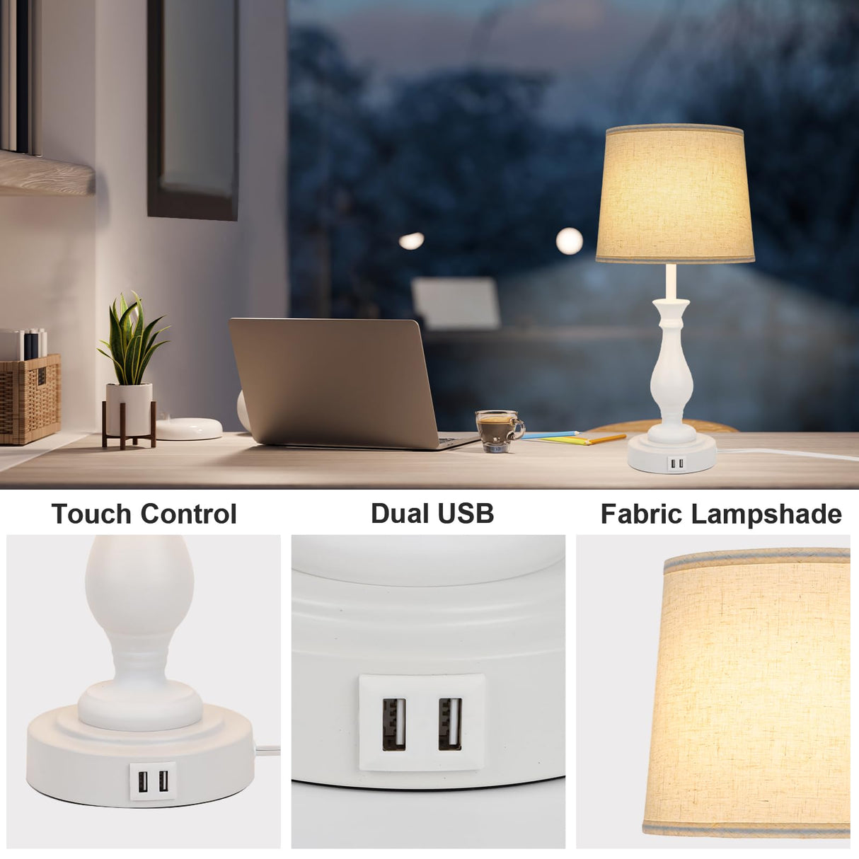 Farmhouse Table Lamp Touch Control 3-Way Dimmable Table Lamp, Modern Nightstand Lamp with 2 USB Port Bedside Desk Lamp with Fabric Shade for Living Room Bedroom Hotel (Pack-01 White) LALISU