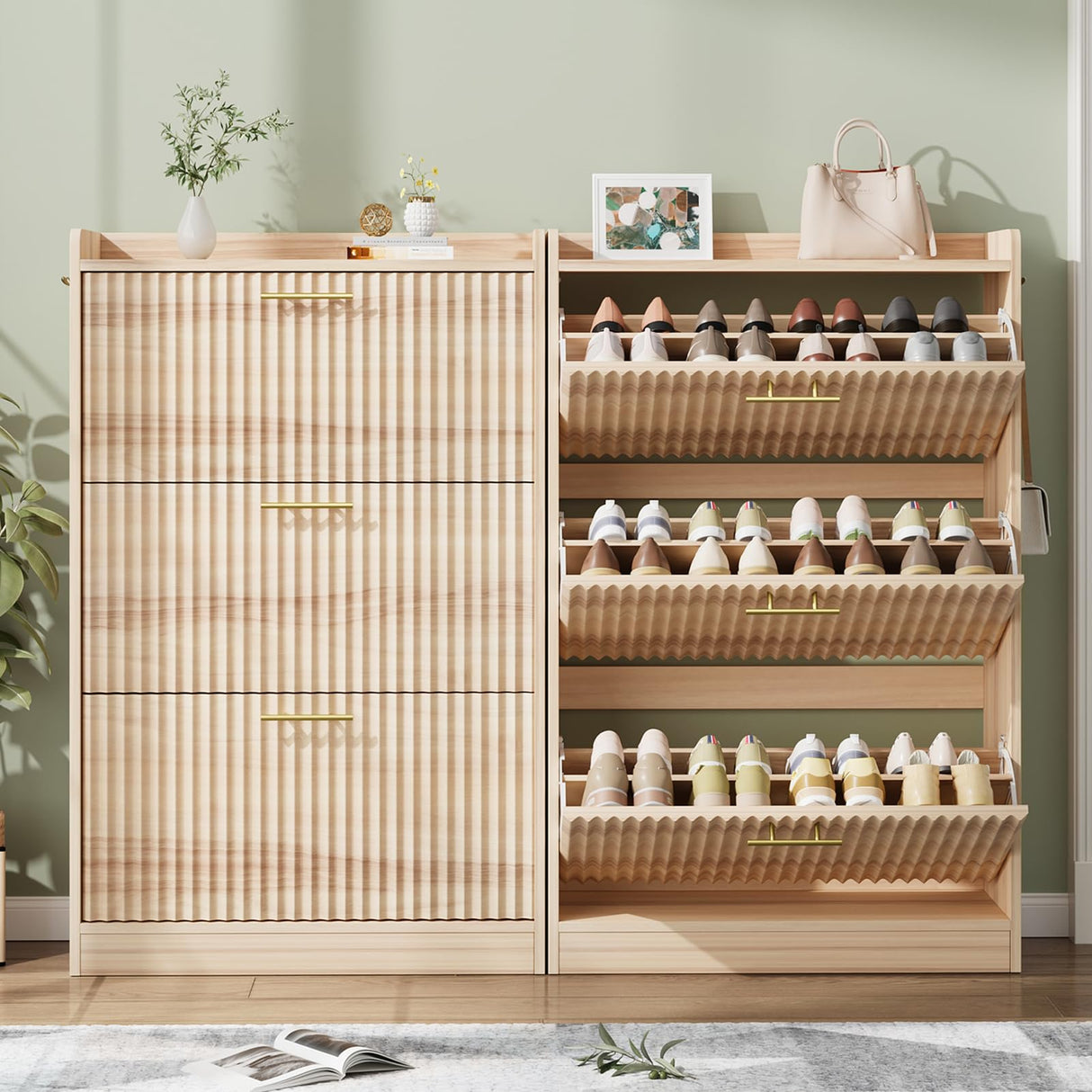 Shoe Cabinet Storage for Entryway Hidden Shoes Storage Cabinet with 3 Flip Drawers, Boho Fluted Shoe Rack Cabinet Large Tall Free Standing Shoe Organizer Cabinet for Foyer, Hallway (Natural Wood) Jocoevol