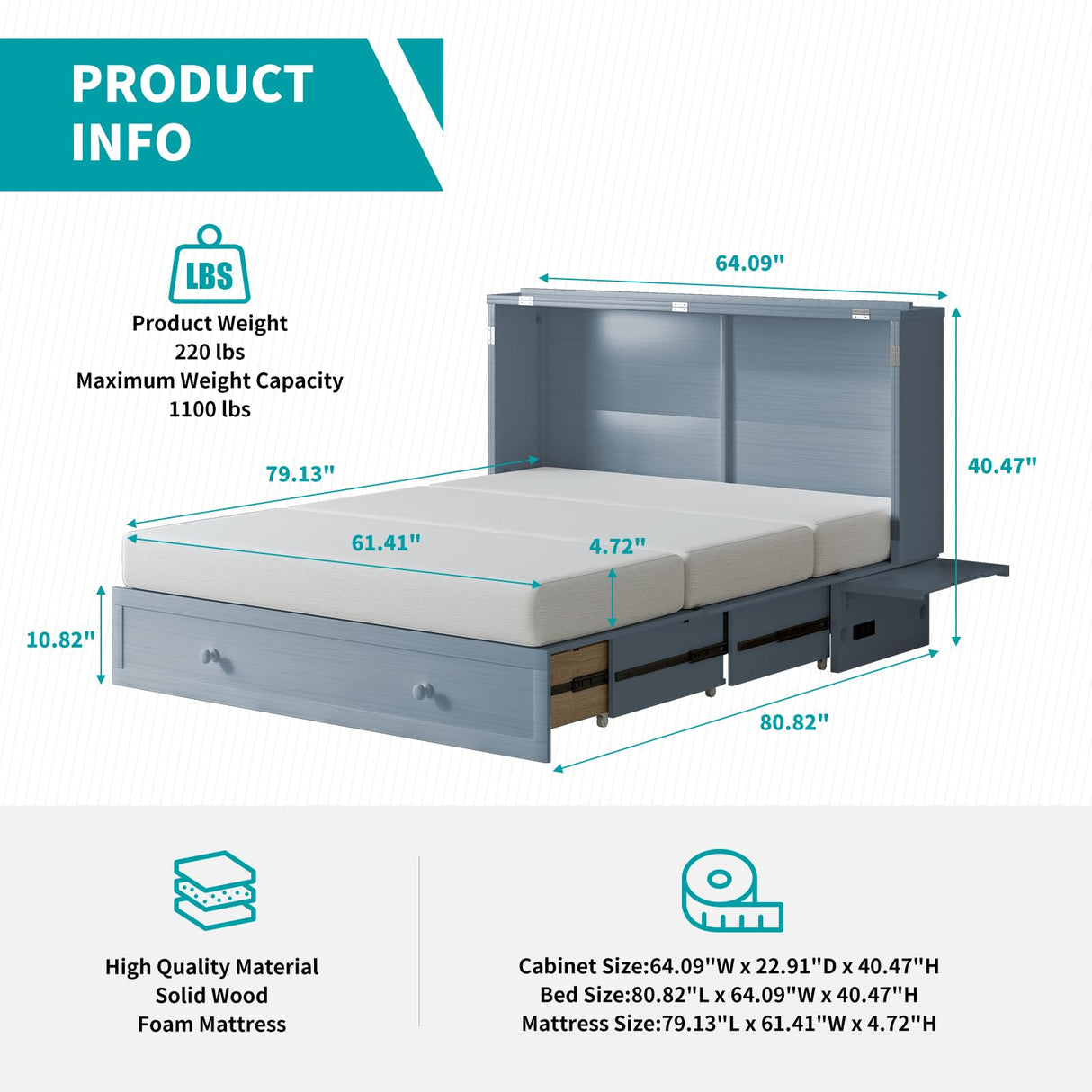 BALUS Murphy Bed Cabinet,Queen Murphy Bed with Tri-fold Mattress & USB Charging Station,Modern Wall Chest Beds with Folding Night Stand Trays and Storage Drawers for Bedroom Living Room,Grey-Blue BALUS