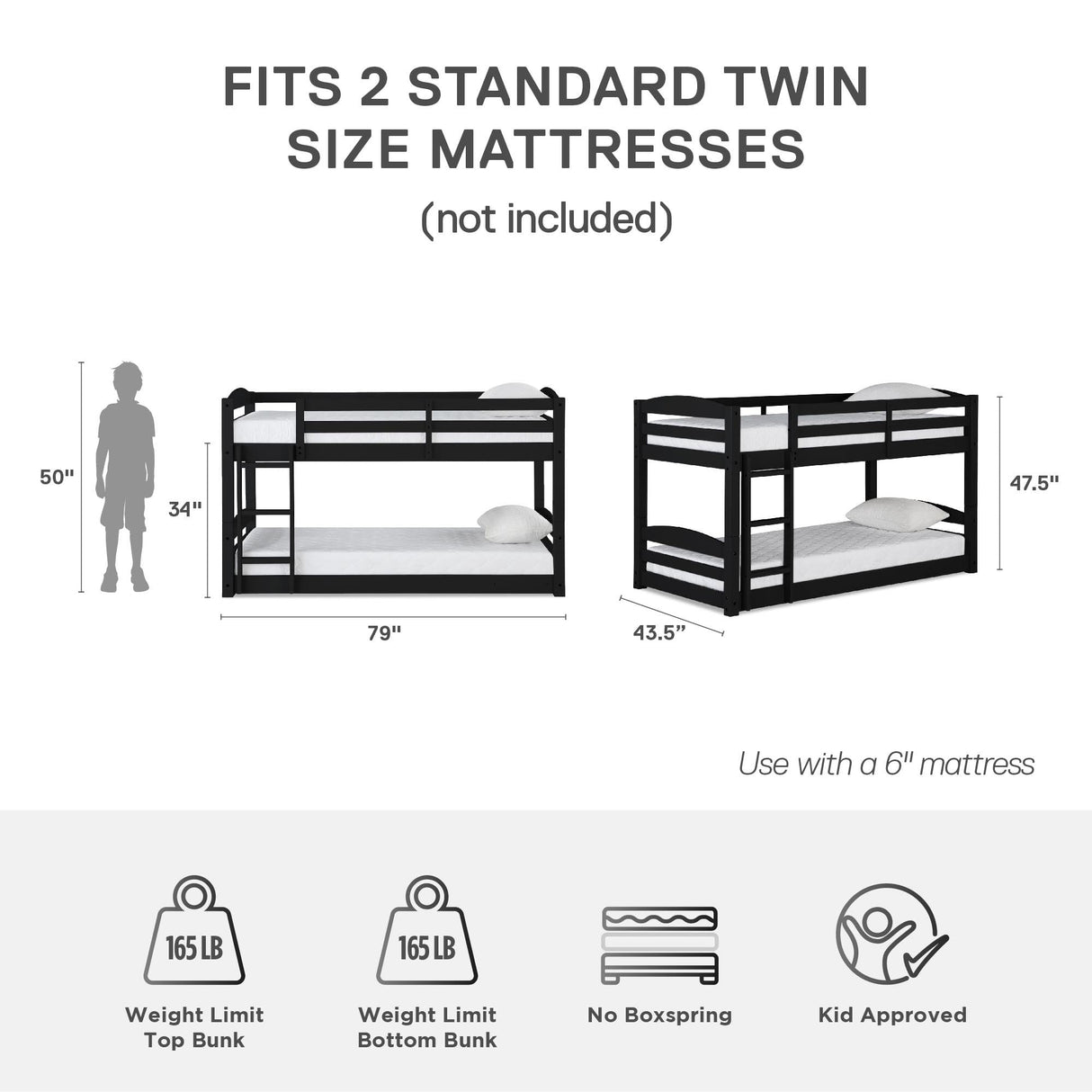 DHP Phoenix Twin Bunk Bed with Ladder, Black, Space-Saving Design, Solid Wood Construction DHP
