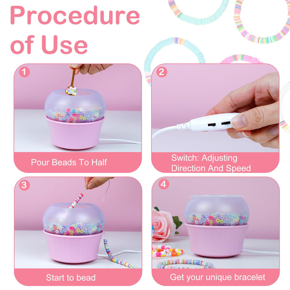 Hicdaw All-in-One Electric Bead Spinner with 7200 PCS Clay Beads for Necklaces and Bracelets, Efficient Jewelry Making Kit, Perfect Craft Gift for Teens Adults, Easy Operation, Quick Results, Pink Hicdaw