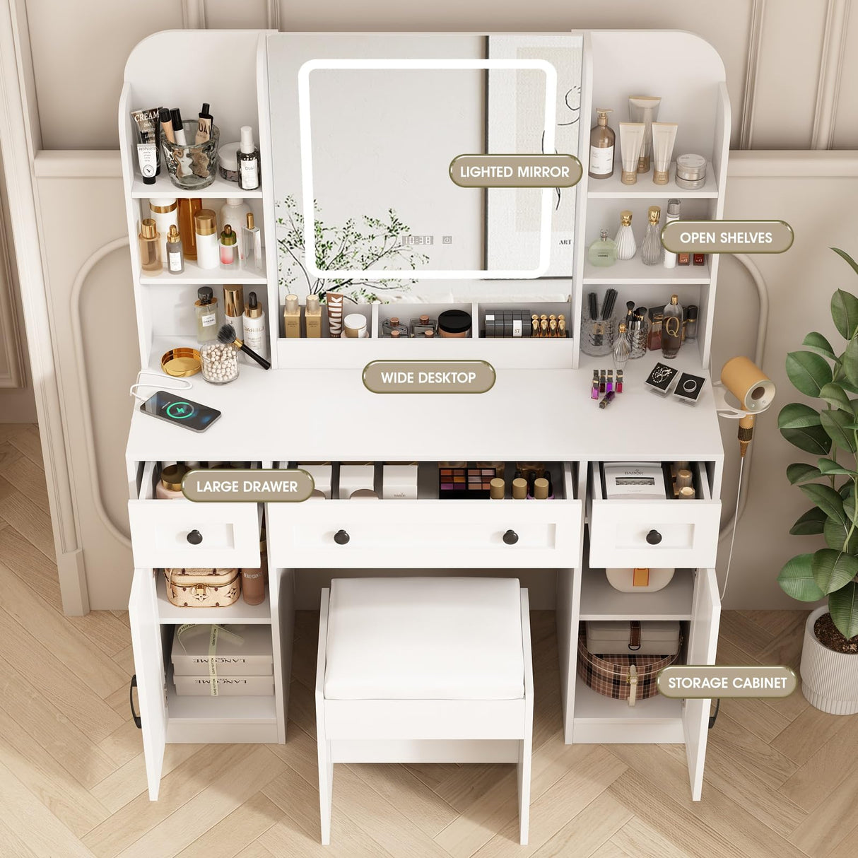 Fameill Vanity Mirror with Lights, Makeup Vanity Desk and Chair, White Vanity Table with Large Storage Drawers and Shelves, Time and Temperature Display, 3 LED Lighting Modes Adjustable Fameill