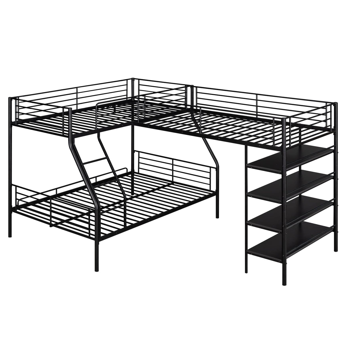 Triple Bunk Beds, L-Shape Twin Over Full Bunk Bed Attached a Loft Bed with Desk, Triple Bunk Beds with Slide, Metal Corner Bunk Bed Frame for Three Kids Boys Girls Teens, Antique Black Bellemave