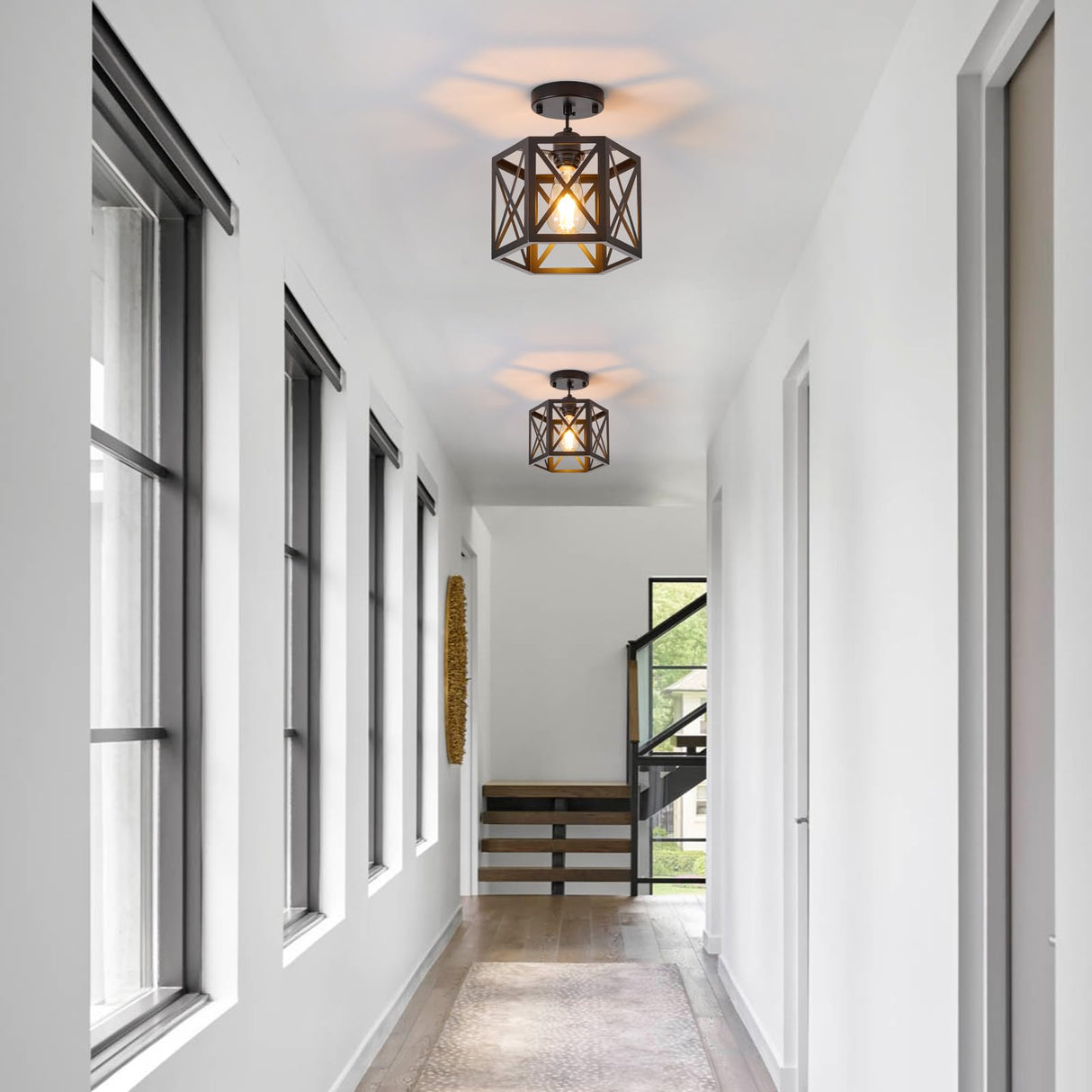 XSDeTu 2 Pack Farmhouse Pendant Lights, Modern Black Hanging Light Fixture with Hexagonal Cage, Industrial Metal Ceiling Lights, Adjustable Lantern Pendant Lighting for Kitchen Island Sink Hallway XSDeTu