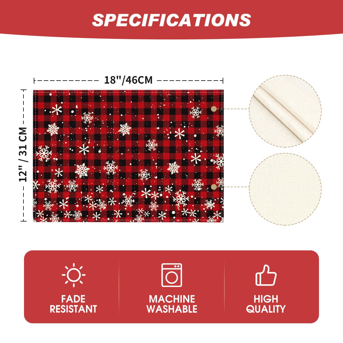 Artoid Mode Red and Black Buffalo Plaid Christmas Placemats for Dining Table, 12 x 18 Inch Seasonal Winter Xmas Snowflakes Holiday Rustic Vintage Thanksgiving Washable Table Mats Set of 4 Artoid Mode