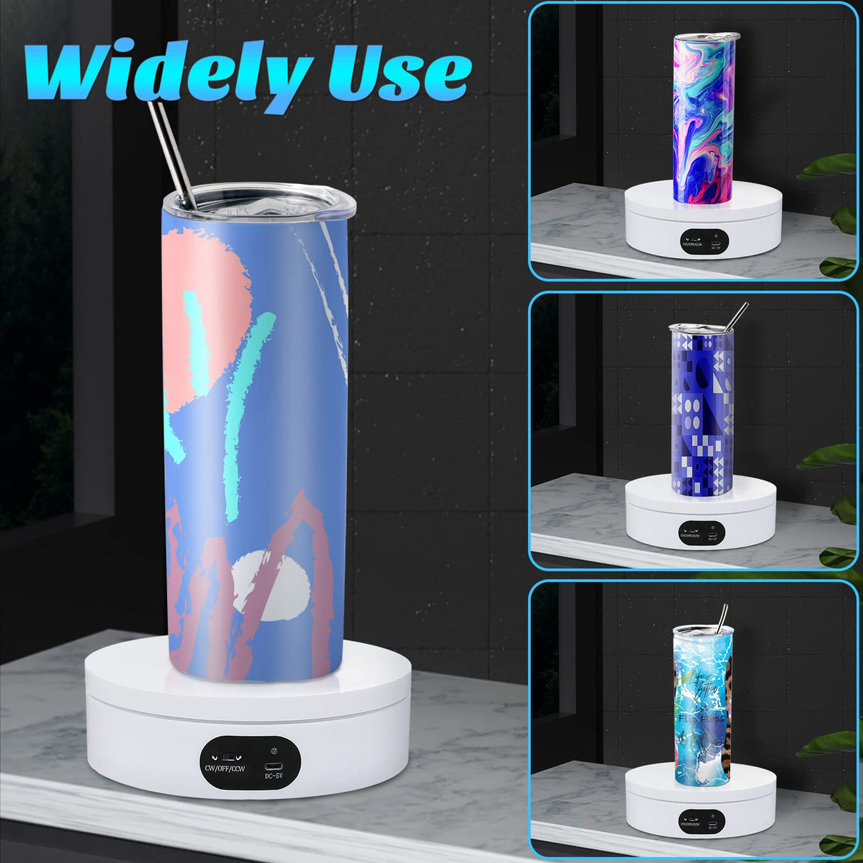 USLINSKY Exhibition Stand for Sublimation Tumbler, 360° Automatic Mute Rotating Revolving Platform 12oz, 20oz&50oz Heat Press Blanks Tumblers Skinny Straight, Cup(White), White-01 (ZT-001) USLINSKY