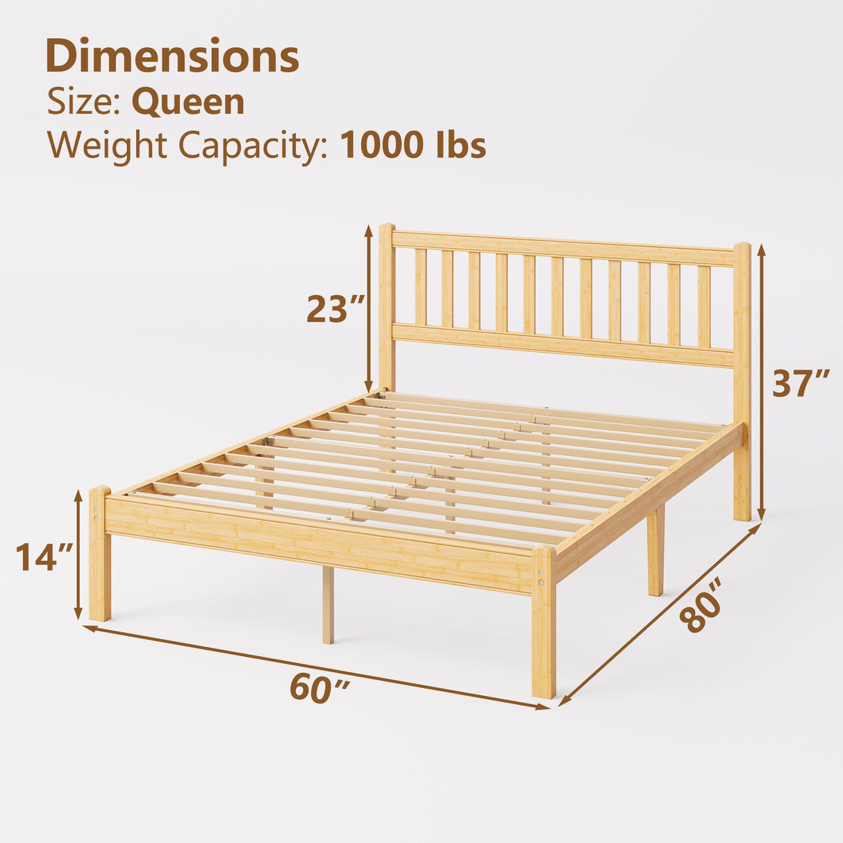 FDLOGW 14 in High Solid Bamboo Wood Platform Queen Bed Frame with Headboard, Bed Frame Queen Size, Heavy Duty, No Box Spring Needed, Nosie Free FDLOGW
