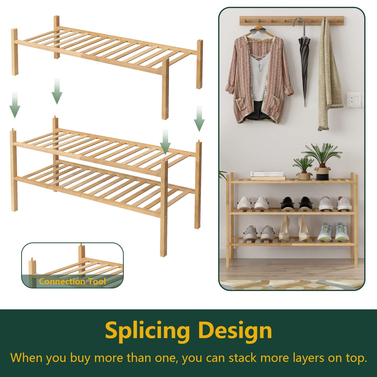 Z&L HOUSE 3-Tier Shoe Rack for Closet, Stackable Shoes Rack Organizer Free Standing Shoe Shelf for Entryway and Closet Hallway, Multifunctional Bamboo Rack in Different Combinations (3-Tier) Z&L HOUSE