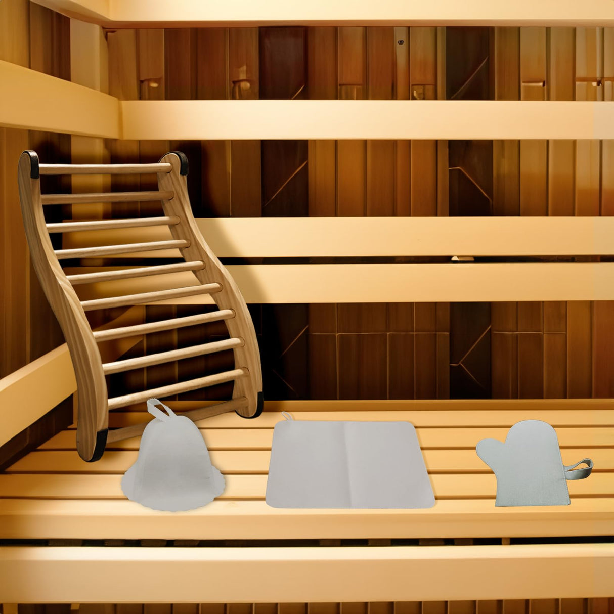 Red Cedar Sauna Back Rest Accompanied by an Anti-Slip Rubber Pad for Enhanced Stability, Includes Accessories as Sauna Hat, Seat Pad and Sauna Glove, Sauna Accessory Set. (1 Set) WoodArtSupply
