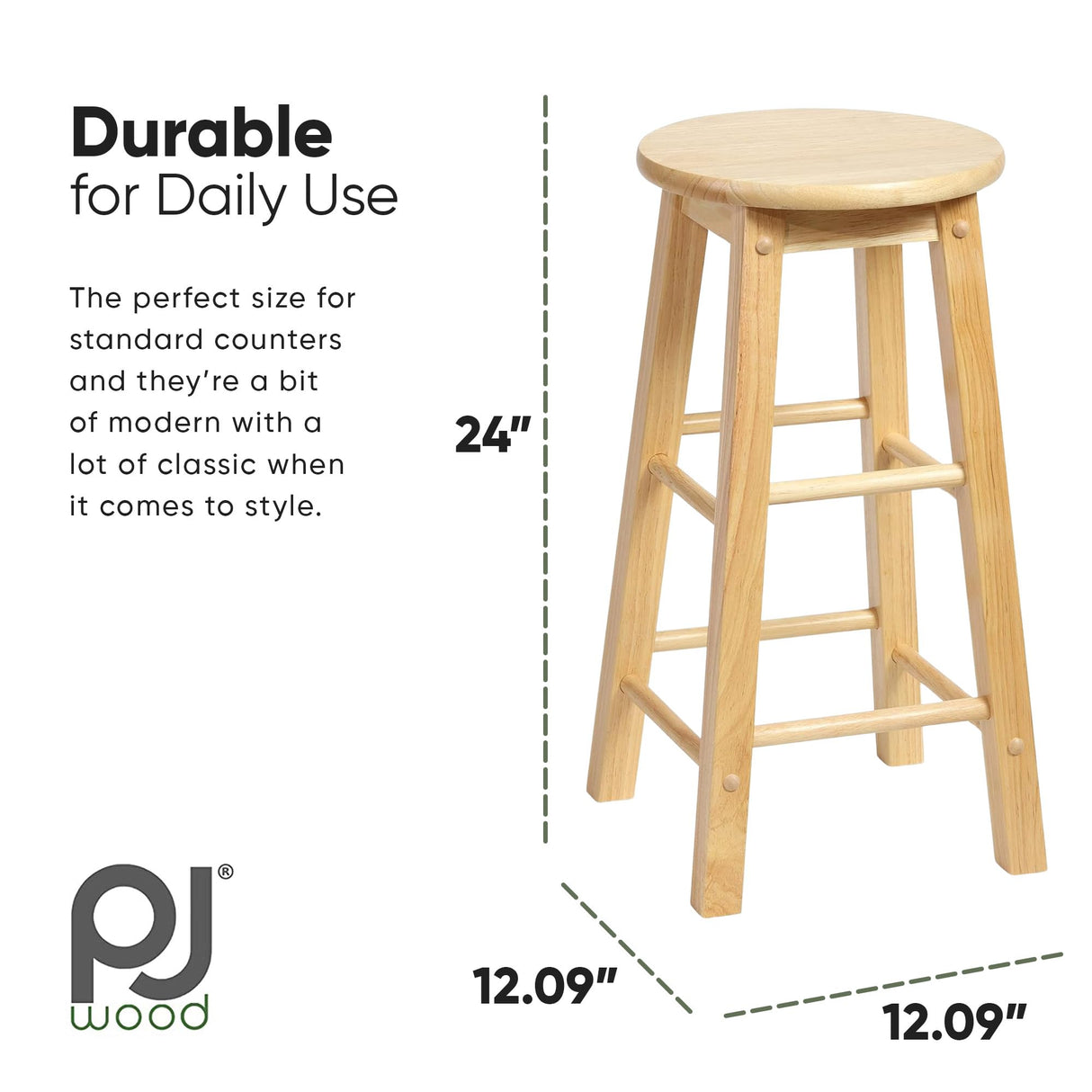 PJ Wood Classic 24 Inch Tall Round Kitchen Counter Stool Seats with Backless Design and 4 Square Legs, Natural Brown (2 Pack) PJ Wood