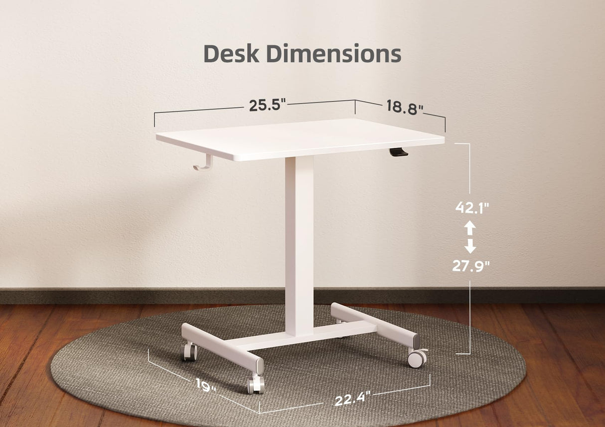 Claiks Mobile Standing Desk, Small Rolling Standing Desk, Mobile Desk Workstation with Wheels, Pneumatic Mobile Laptop Desk for Home Office with Hook, White Claiks