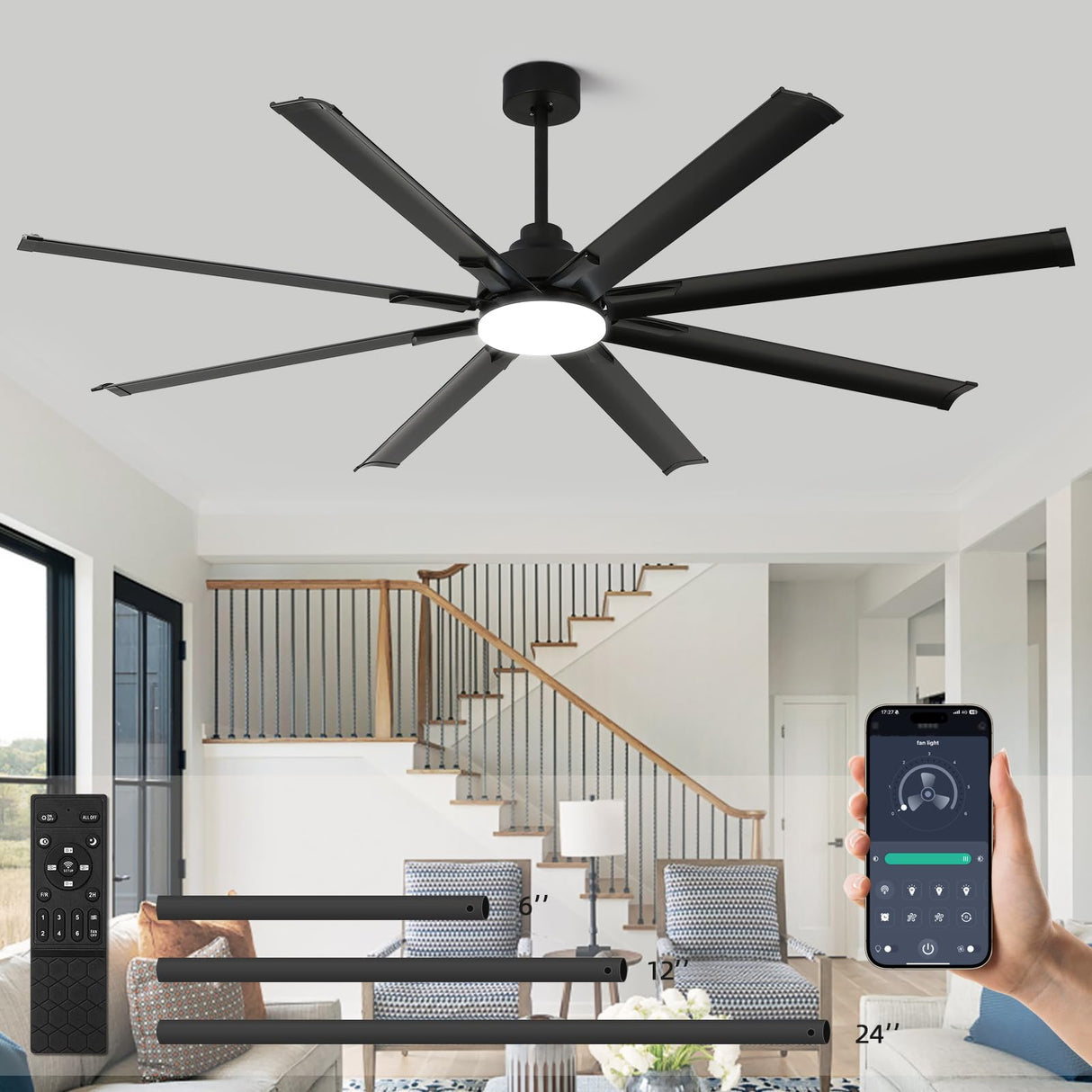 RIENAZA 72 inch Ceiling Fans with Lights and Remote Control,Large Ceiling Fan with 8 Aluminum Blades, 3CCT, 6-Speed,Black Commercial Ceiling Fan for Porch/Garage/Shop/Living Room RIENAZA