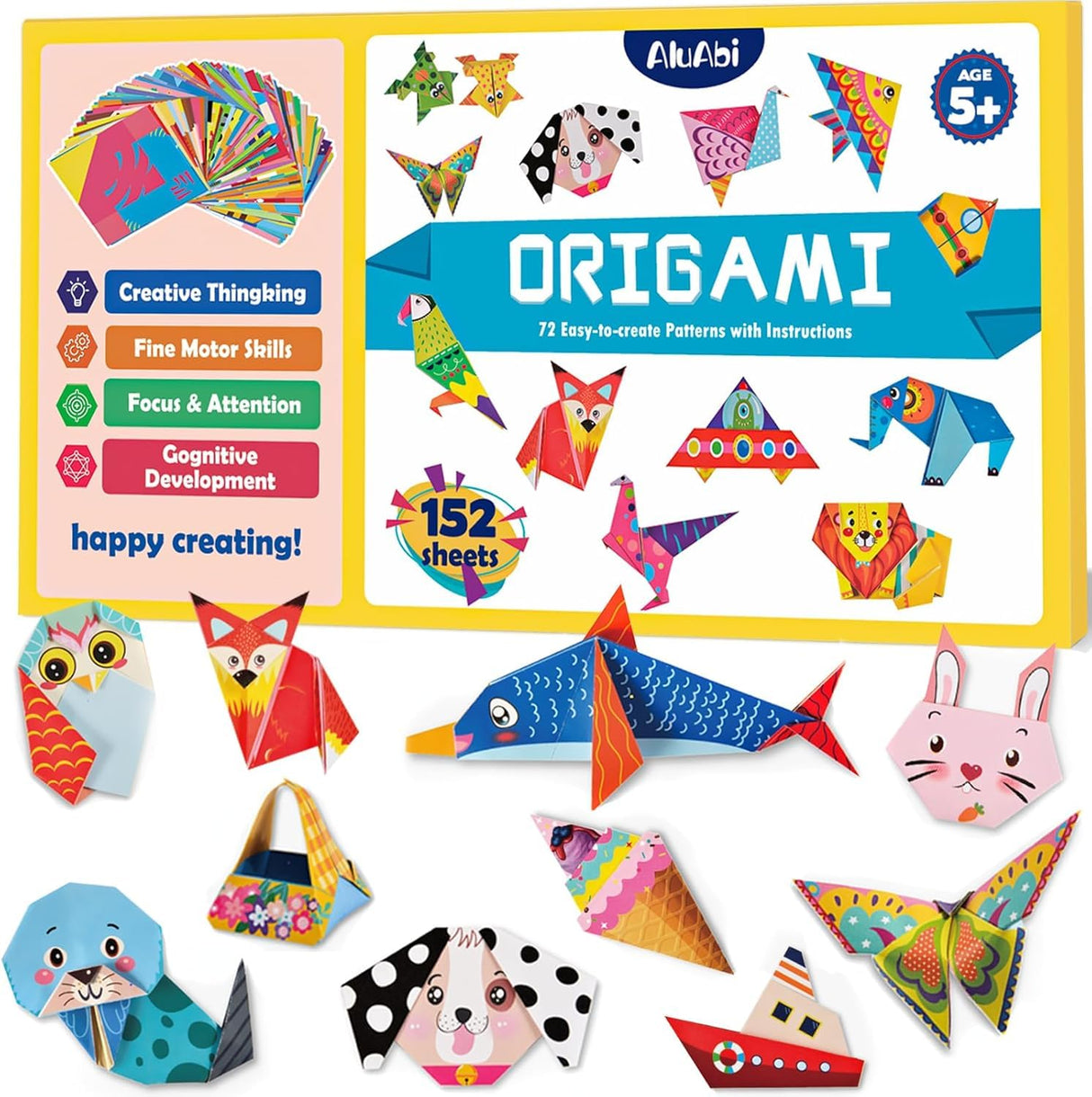 AluAbi Origami Kit for Kids, 144 Sheets Double Sided Origami Paper with Guiding Book, 72 Patterns Origami Set for Kids AluAbi