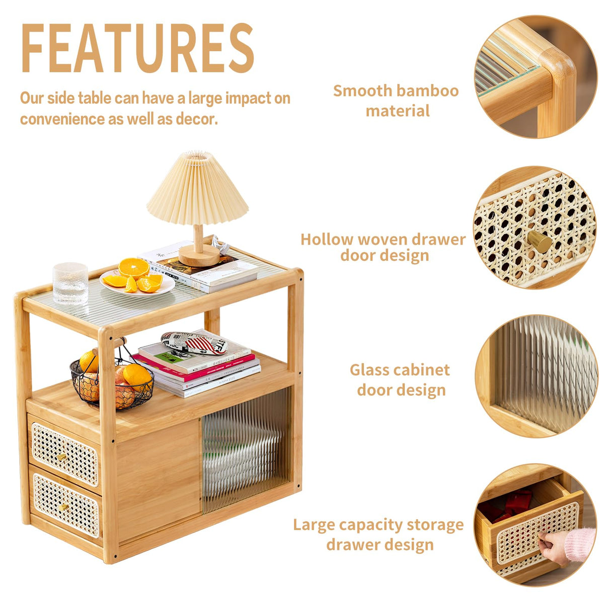 Tiita Rattan Nightstand Side Table, Bamboo Accent Bedside Tables, Glass Coffee Tables, Boho Wooden End Table with Storage for Small Space, Living Room and Bedroom Tiita