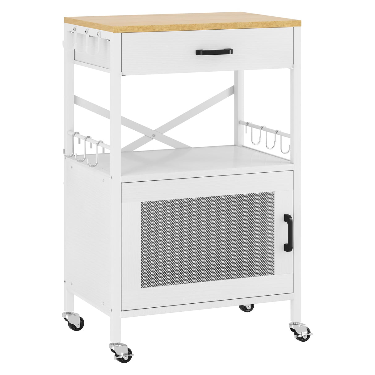 Homeiju Kitchen Island Cart, Kitchen Storage Cart with Drawer, Microwaves Stand, Coffee Cart, Rolling Kitchen Cabinet Cart with Hooks for Kitchen, Dining Room, White Homeiju