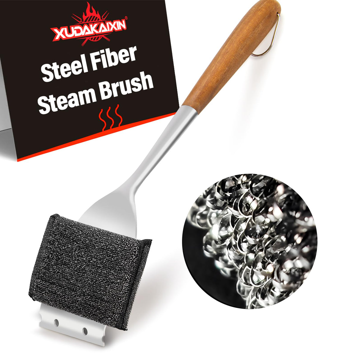 XUDAKAIXIN 18” Extra Strong Steel Fibers Steam Grill Brush-Bristle Free,Water-Activated Design Perfect for Any Grill - with Strong Stainless Steel Wooden Handle,Safe Grill Brush for Outdoor Grill XUDAKAIXIN