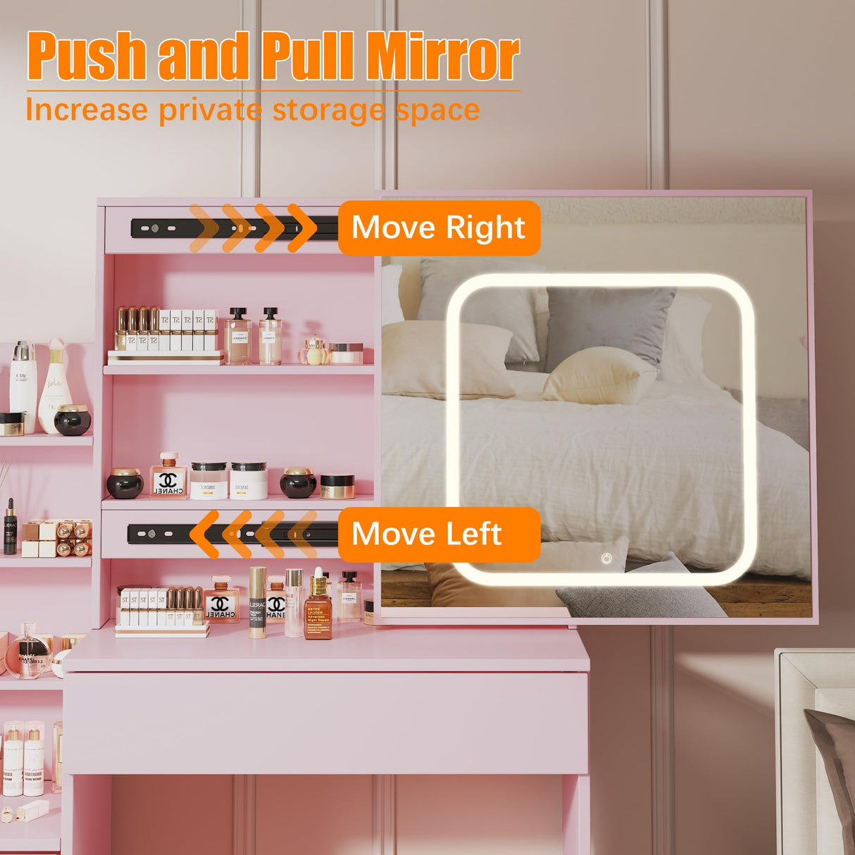 Patikuin Vanity Desk with Mirror and LED Lights, Makeup Vanity Desk with Sliding Lighted Mirror, Power Outlet, Dressing Table with 4 Drawers, Storage Shelves & Cushioned Stool for Bedroom, Pink Patikuin