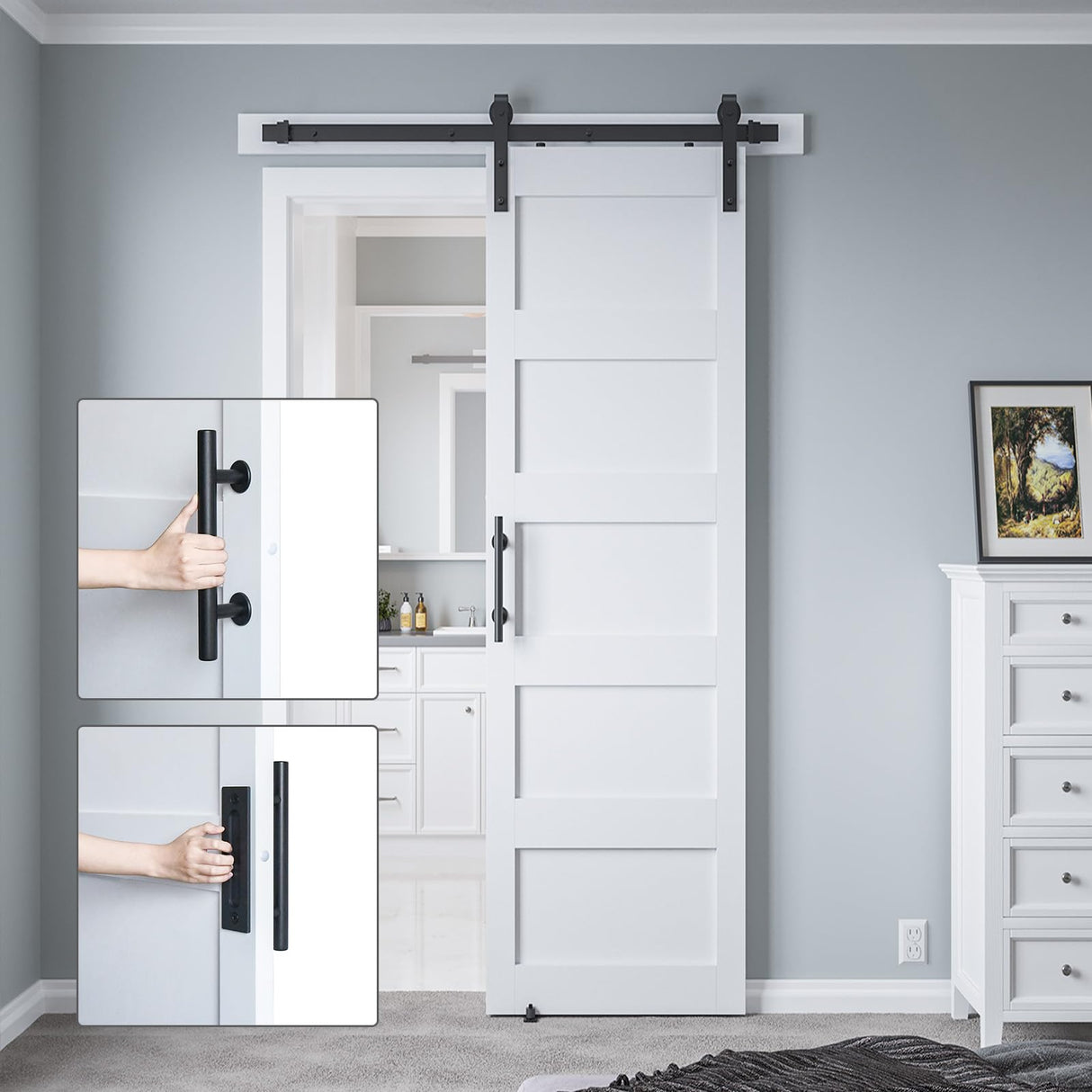 COSHOMER 32in x 84in Sliding Barn Door with 6ft Barn Door Hardware Kit & Handle, Pre-Drilled Holes Easy Assembly -Solid Barn Door Slab Covered with Water-Proof PVC Surface, White, 5 Panel COSHOMER