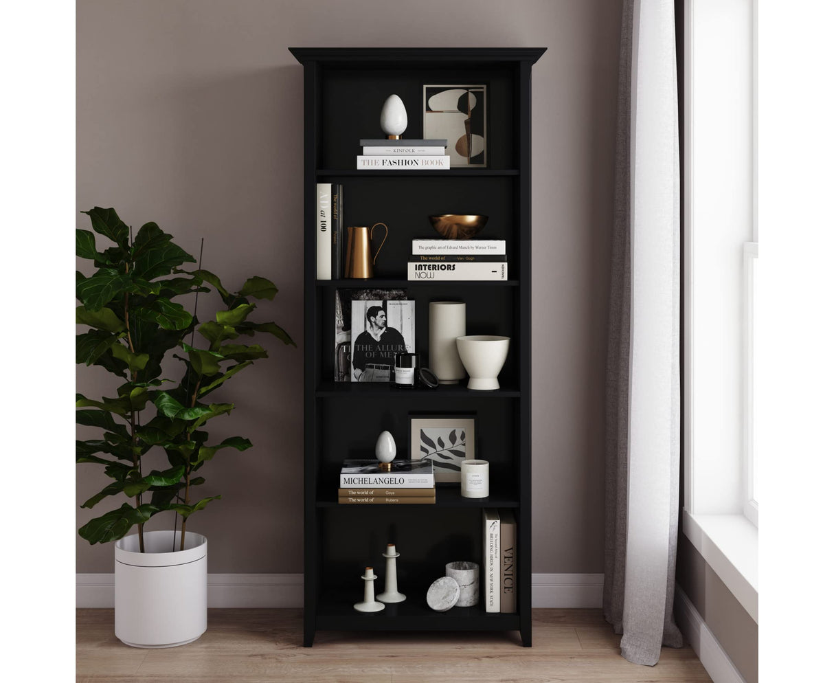 SIMPLIHOME Amherst Bookcase - 70 inch Tall 5-Shelf Solid Wood Bookshelf in Black, Transitional Storage for Living Room, Study Room or Office with Adjustable Shelves and Tapered Legs SIMPLIHOME