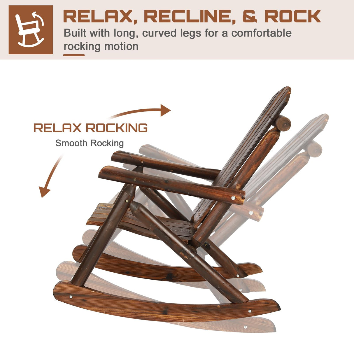 HOMEDIARY Wooden Adirondack Rocking Chair, Patio Log Rocker Outdoor Lounge Chair with Slatted Wooden Design, High Fanned Back & Classic Rustic Style for Garden Patio Backyard Porch, Carbonized HOMEDIARY