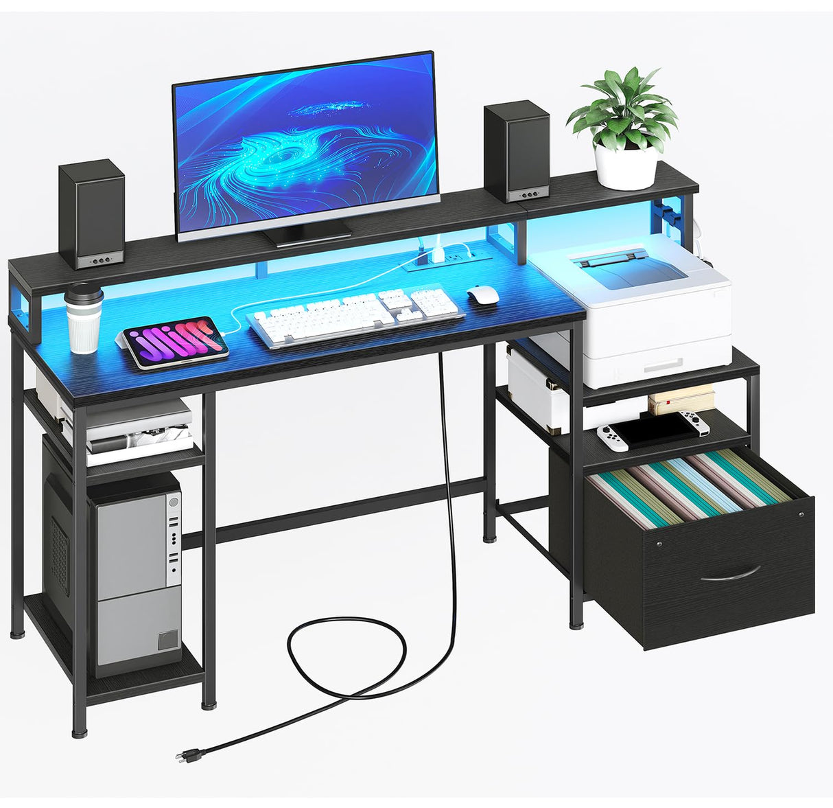 HOOBRO Computer Desk, 55" Home Office Desk with Fabric File Cabinet, Power Outlet and LED Strip, Office Desk with Monitor Stand and 2 Hooks for Home Office, Black BB46UDDN01 HOOBRO