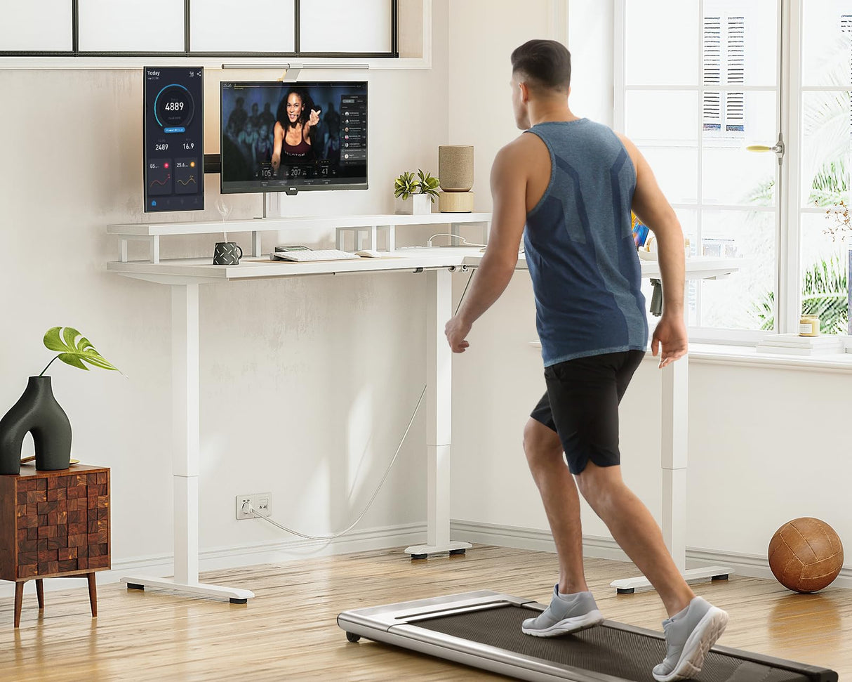 AODK Electric L-Shaped Standing Desk, Height Adjustable Office Desk with Monitor Stand, Sit-Stand Desk with Power Outlets, Large Lift Table for Home, Office, Workstation, White AODK