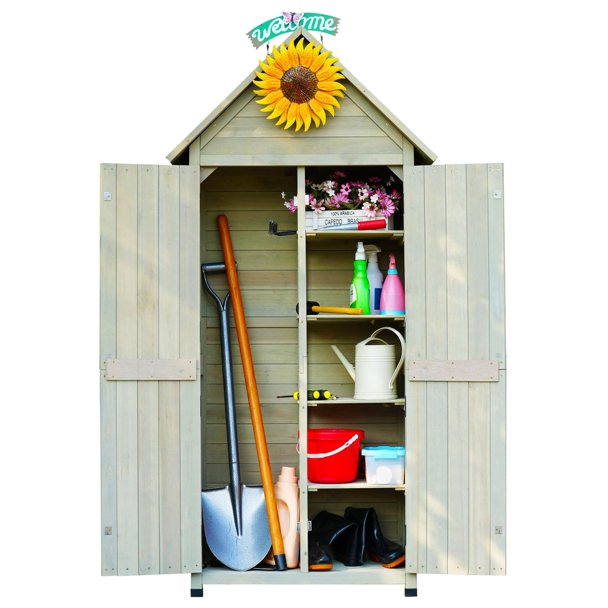 FTCBNet Outdoor Storage Cabinet with Sloping Waterproof Galvanized Sheet Roof 70" Wooden Garden Shed Lockable Tool Cabinet with 4 Removeable Shelves for Patio Backyard Lawn Yard (Gray) FTCBNet