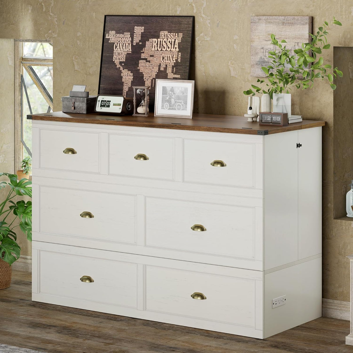 AMERLIFE Full Size Murphy Bed, Farmhouse Wooden Cabinet with Charging Station and Storage Drawer for Bedroom/Office/Guest Room, White+Barnwood AMERLIFE