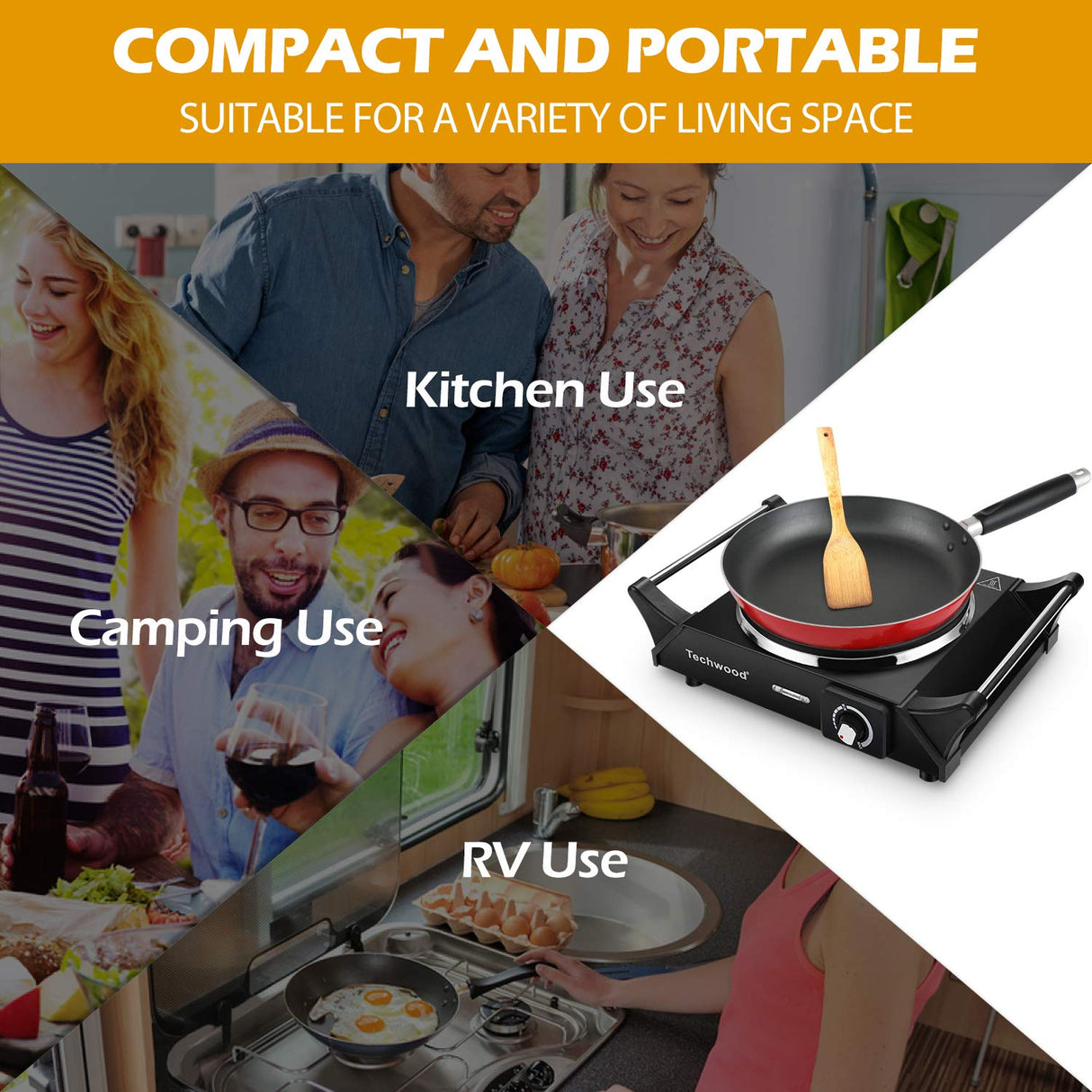 Techwood Hot Plate Portable Electric Stove 1500W Countertop Single Burner with Adjustable Temperature & Stay Cool Handles, 7.5” Cooktop for Dorm Office/Home/Camp, Compatible for All Cookwares Techwood