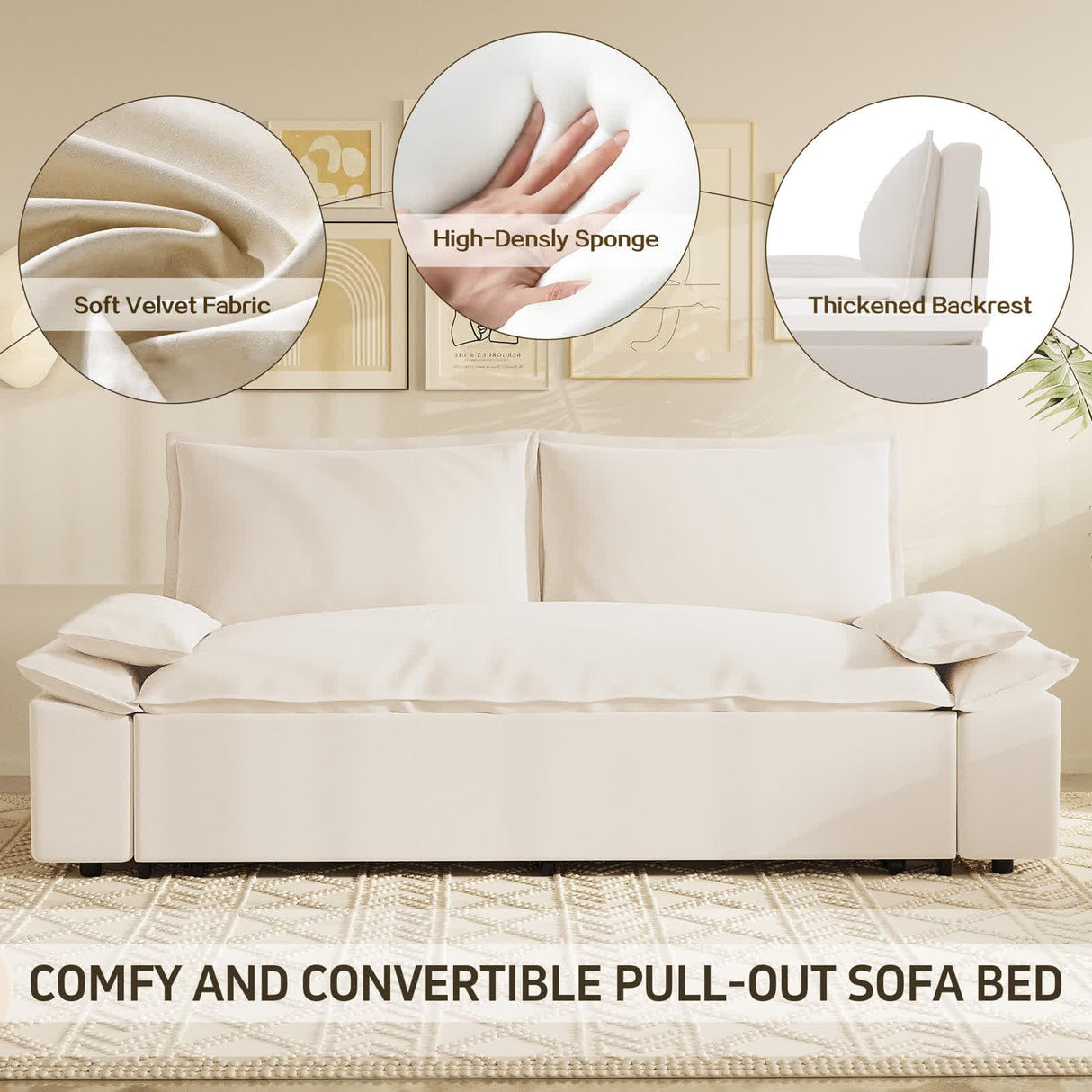 UPYOOE 70.1" Futon Sofa Bed Queen Size, Pull Out Bed, 3-in-1 Convertible Sleeper Sofa with 2 Soft Pillows, Modern Velvet Futon Couch for Living Room, Small Space, Apartment, Bedroom, Beige UPYOOE