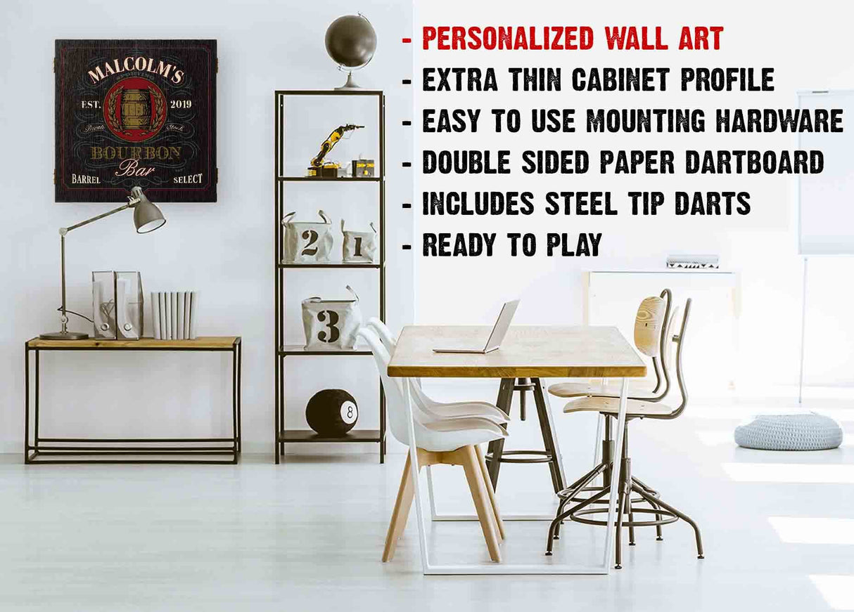 THOUSAND OAKS BARREL Personalized Dart Board Cabinet Set with 6 Steel Tip Darts, Chalk & Eraser Set - Man Cave Furniture, Decor Dart Boards for Adults - Bourbon Bar Dartboard (121) THOUSAND OAKS BARREL